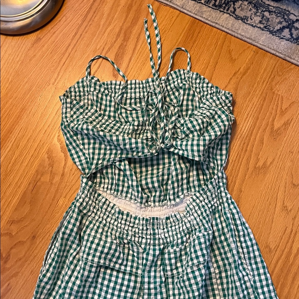 Free people retro heatwave one piece jumpsuit green/white gingham size L - Picture 3 of 13
